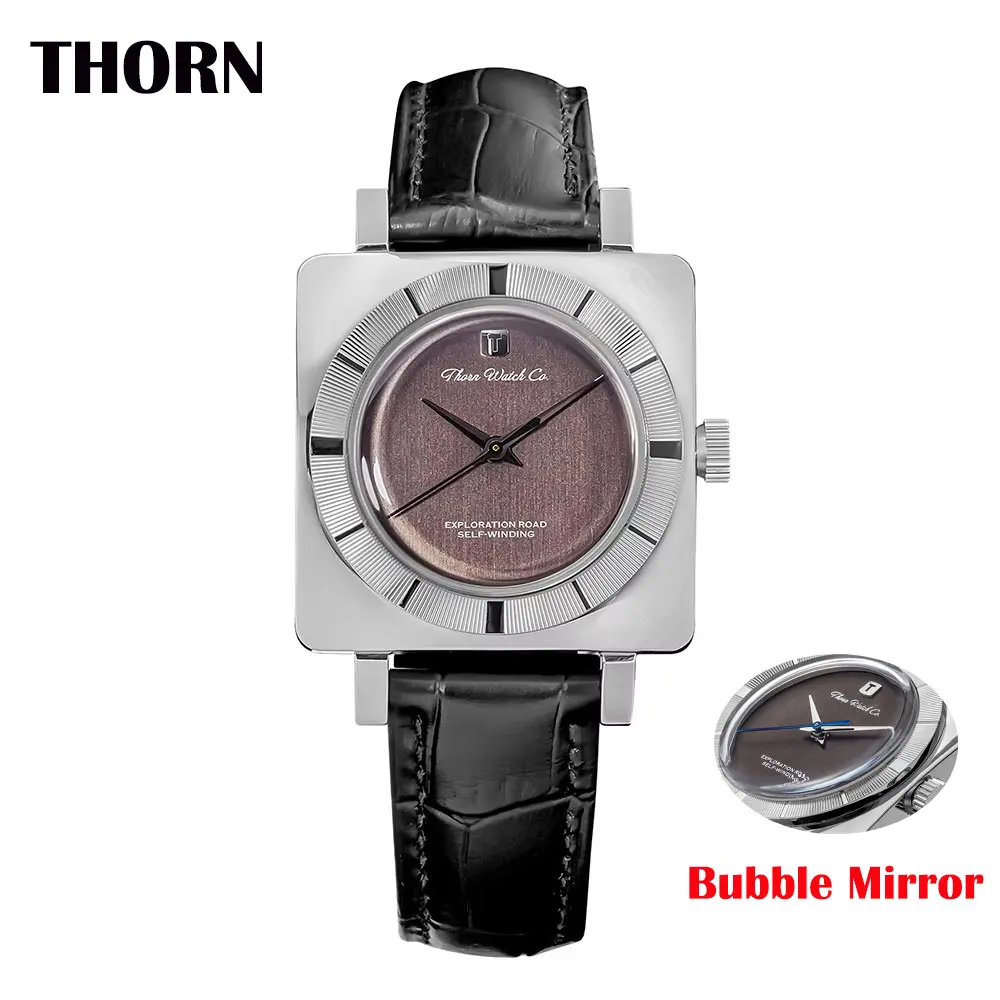 

Thorn Vinatge 34mm Deep Grey Dial Squared Polished Stainless Steel Case Bubble Sapphire Glass PT5000 Movement Wristwatch 5Bar
