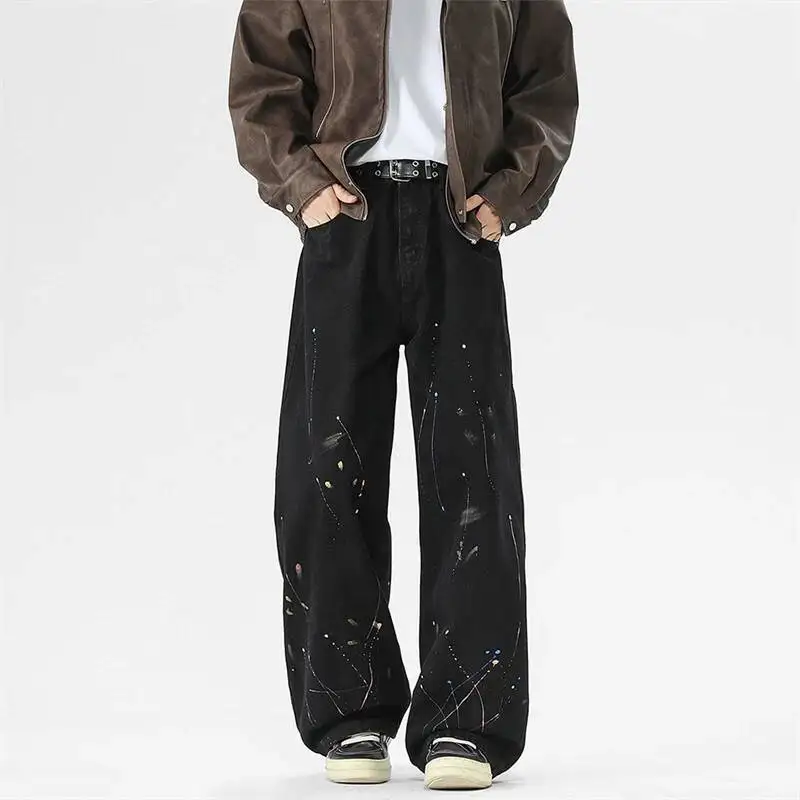 Men's Splatter Edgy Print Jeans Black Washed Wide Leg Baggy Fit Streetwear Casual Premium Denim ZKV6