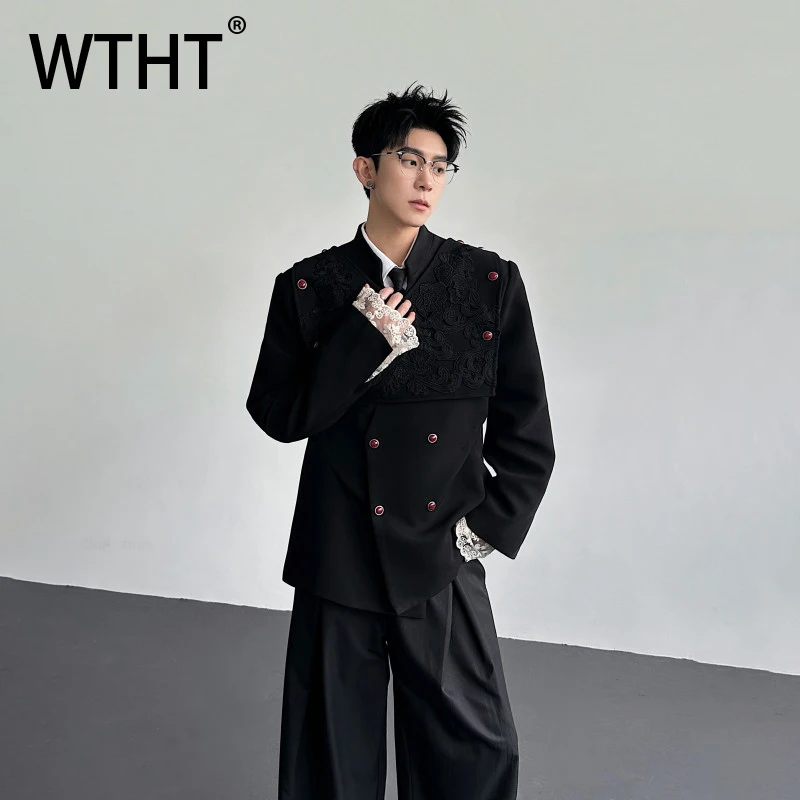 WTHT Fashion Men's Heavy Industy Spliced Lace Design Blazer Coats Trendy Double Breasted Jakcets Male 2025 Winter 2A2605