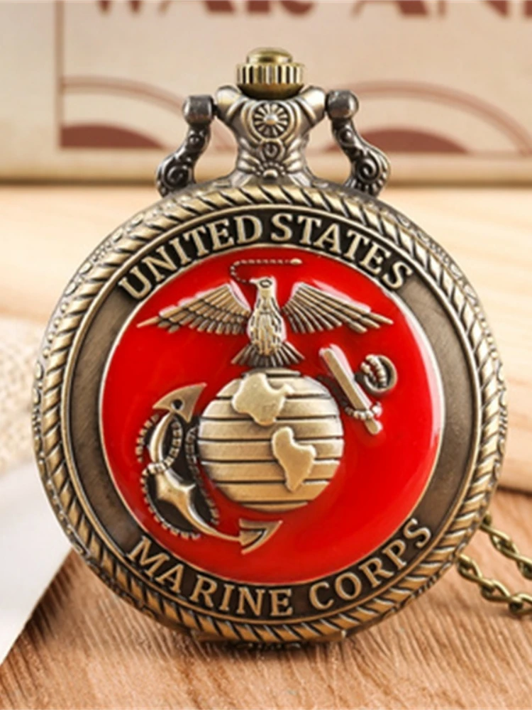 Vintage US Marine Corps tematyczny kwarcowy zegarek kieszonkowy moda czerwony naszyjnik naszyjnik pamiątkowy prezent dla dzieci szkolne — zdjęcie 2