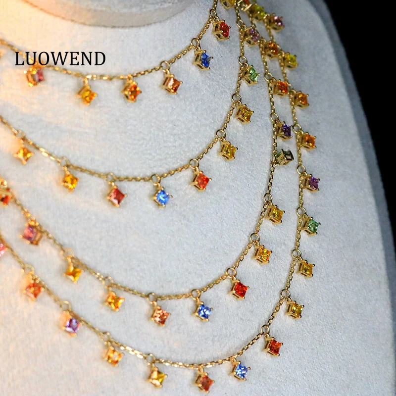 

LUOWEND 100% 18K Yellow Gold Necklace Real Natural Color Sapphire Romantic Colorful Fine Jewelry for Women Engagement Party