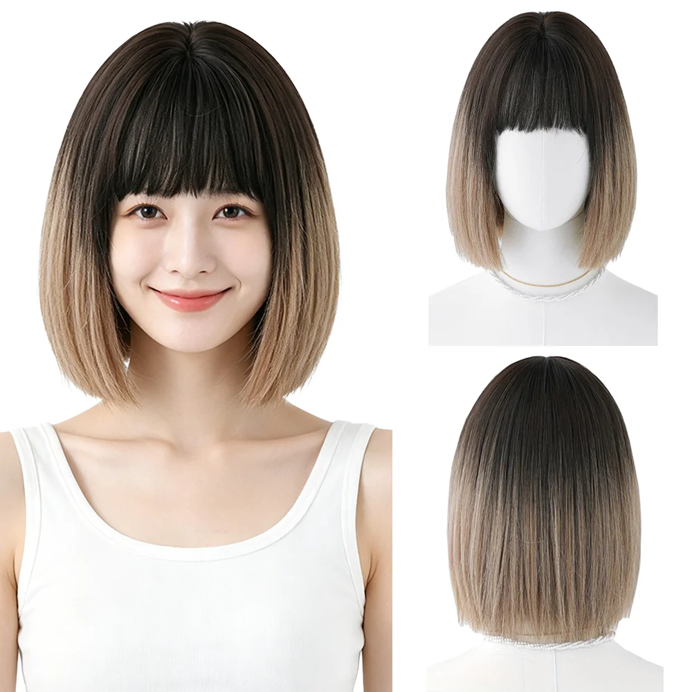 Peluca corta estilo bob en tono ombre marrón con flequillo para mujeres asiáticas, resistente al calor, sintética, de aspecto natural, para Lolita, fotografía y uso diario.