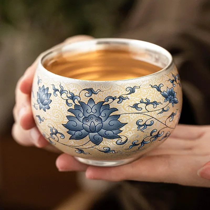 140ML Blue and White Lotus Rhyme Gilt 999 Silver Arhat Cup Ceramic Master Cup Kung Fu TeaCup Large Tea Bowl Light Luxury TeaSet