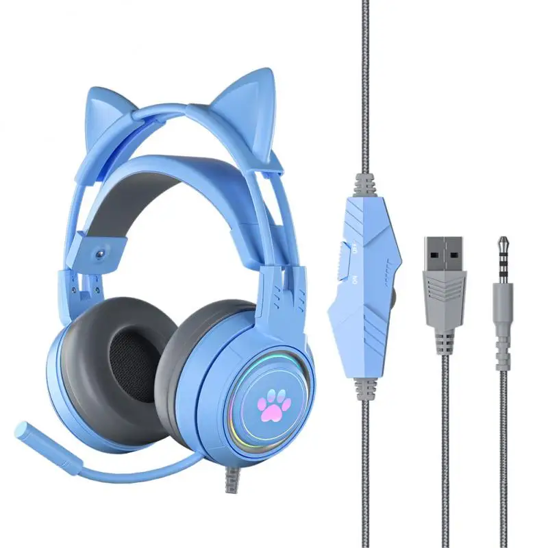 QearFun HiFi Stereo PC Headset Gamer Cat Headphones with Microphone RGB Light for Laptop Phone Wired Earphone