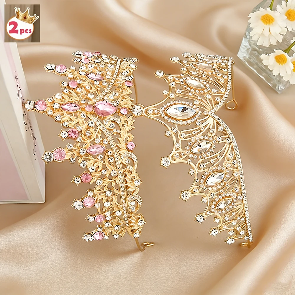 2Pcs Exquisite Vintage Baroque Gold Tiara Set Pink Clear Crystal Crowns Luxurious Bridal Headwear Weddings Proms Quinceañeras view 2