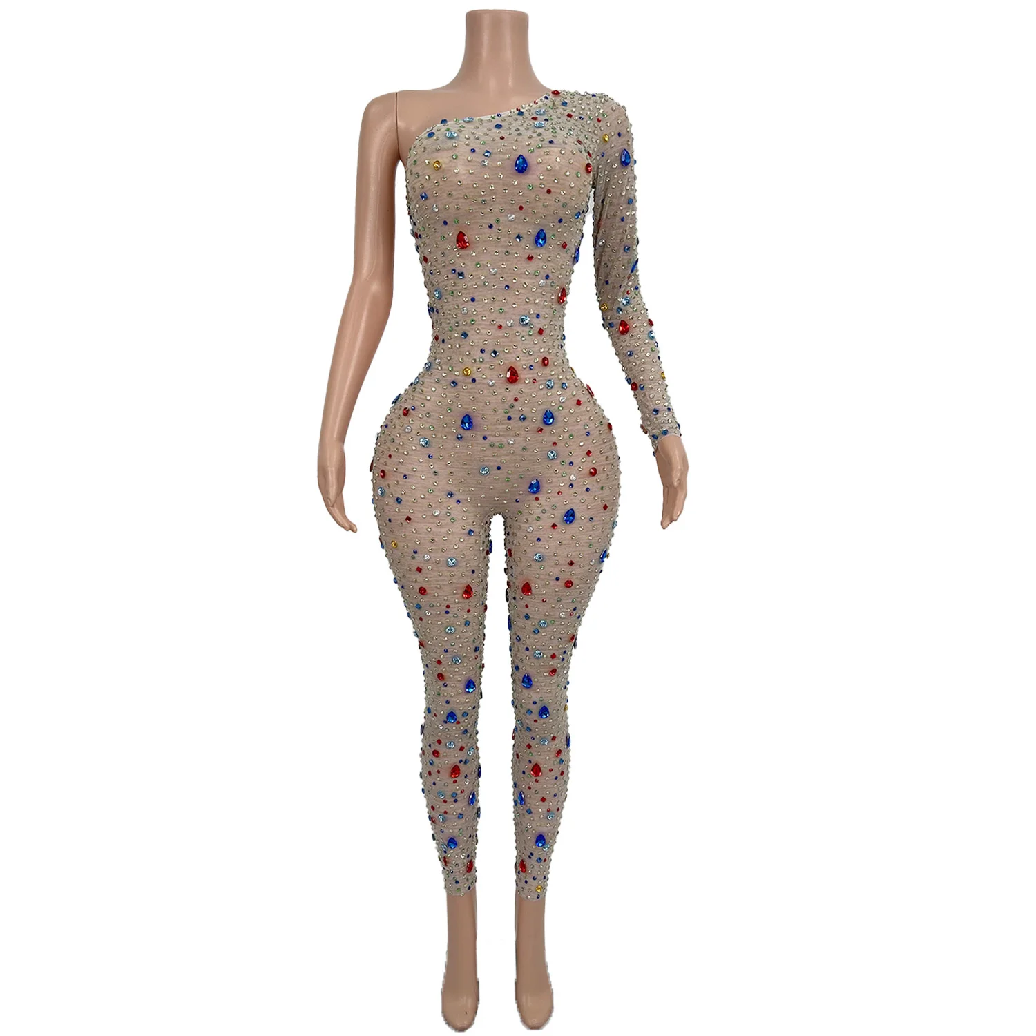 Shiny Colored Rhinestone One Sleeved Jumpsuit Sexy Mesh See Through Tight Pants Gymnastics Acrobatics Performance Costume Tang