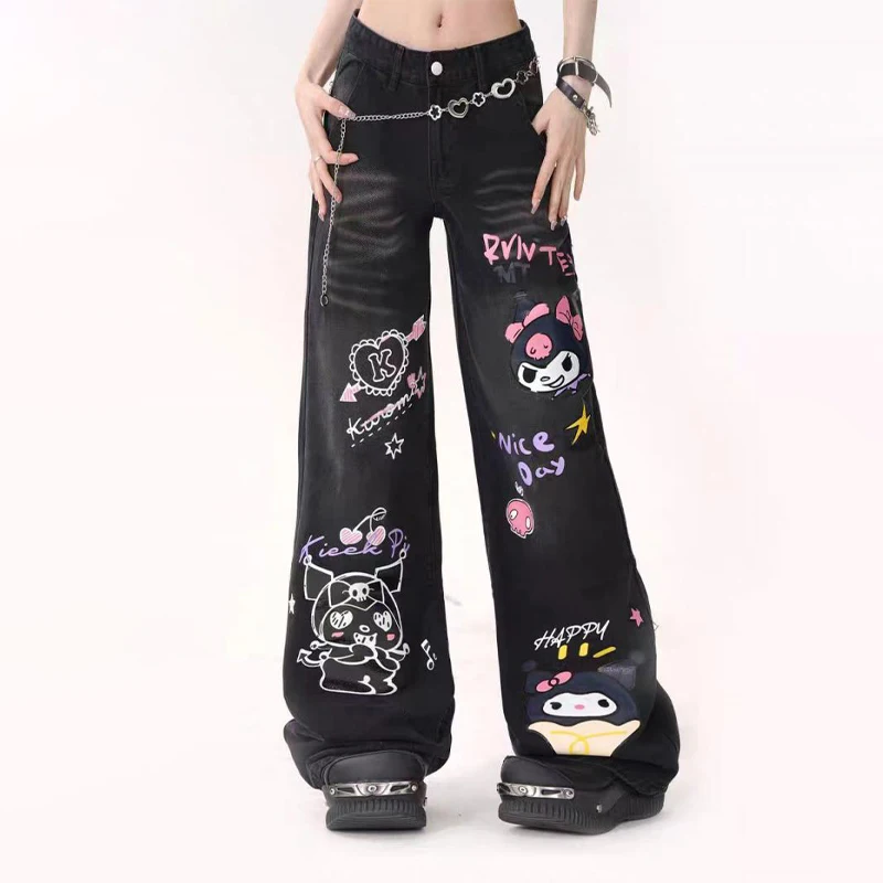 Sanrios Kuromi Girl Straight Leg Jeans Anime Print Wijde Pijpen Broek Schattige Hoge Taille Losse Broek Cartoon Broek Met Klokbodem