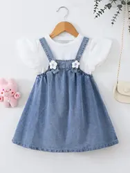 Girls cowboy halter dress two-piece summer baby girl knit+chiffon lantern sleeve flowers denim halter dress