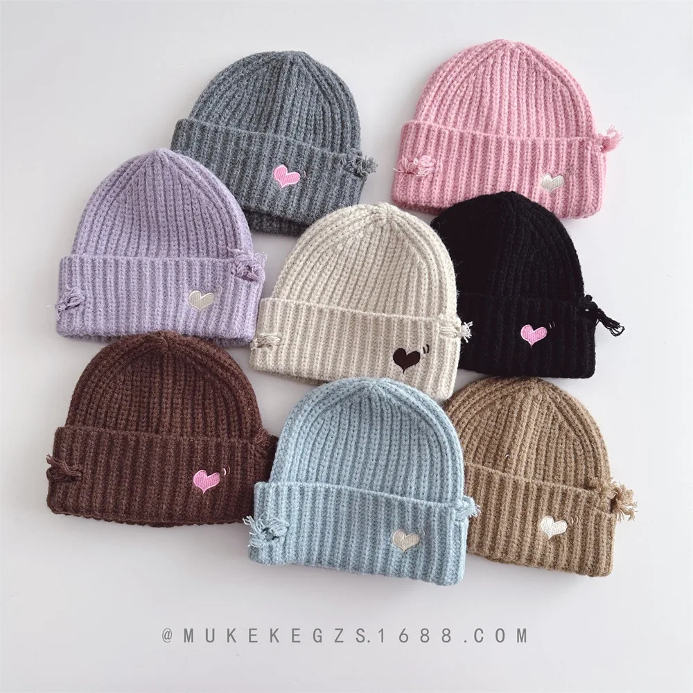 New Kids Thickened Fall Winter Ripped Knit Hat Girls Boys Windproof Warm Beanie Baby Soft Children Comfortable Embroidered Hat