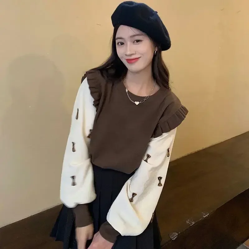 Knitted Top for Women Kawaii Black Ladies Sweaters Round O Neck Pullovers Cute Winter Thermal Blouse Jumper Y2k Fashion Korea