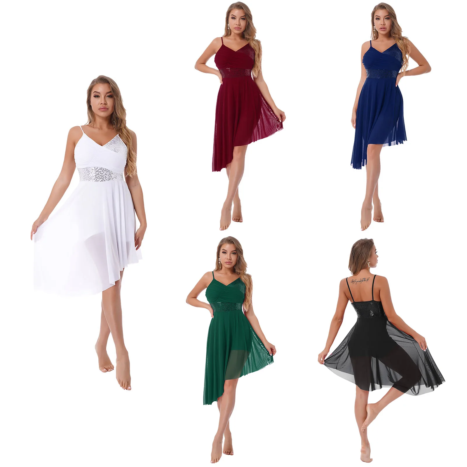 Women Camisole Leotard Shiny Sequin Lyrical Ballet Dance Dress Asymmetrical Chiffon Modern Dress Dance Performance Costumes