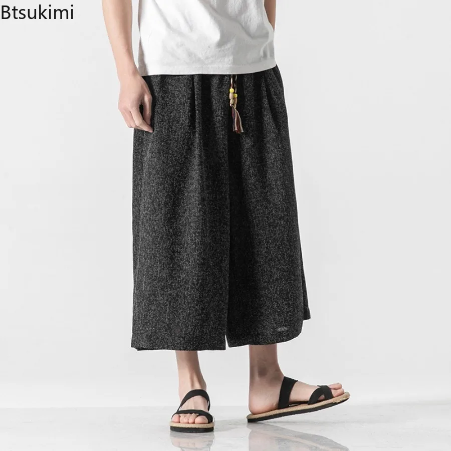 Summer Chinese Style Wide Leg Pants Men's Bath Pant Samurai Harajuku Casual Loose Capri Pants Yukata Wide Leg Trousers for Men