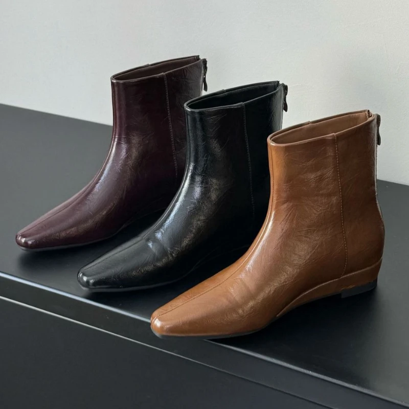 

Brown Soft Leather Ankle Boots Women Fall Winter Retro Pointed Toe Back Zip Designer Boot Cozy Waterproof Women High Wedge Boots