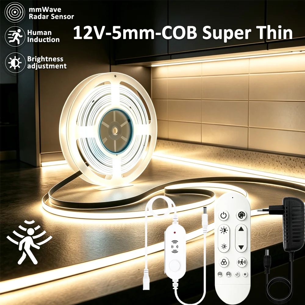 Microwave Radar 5mm PCB COB LED Strip Light 12V High Brightness Flexible Tape Warm Natural White with 2.4GRF Remote Home Decor