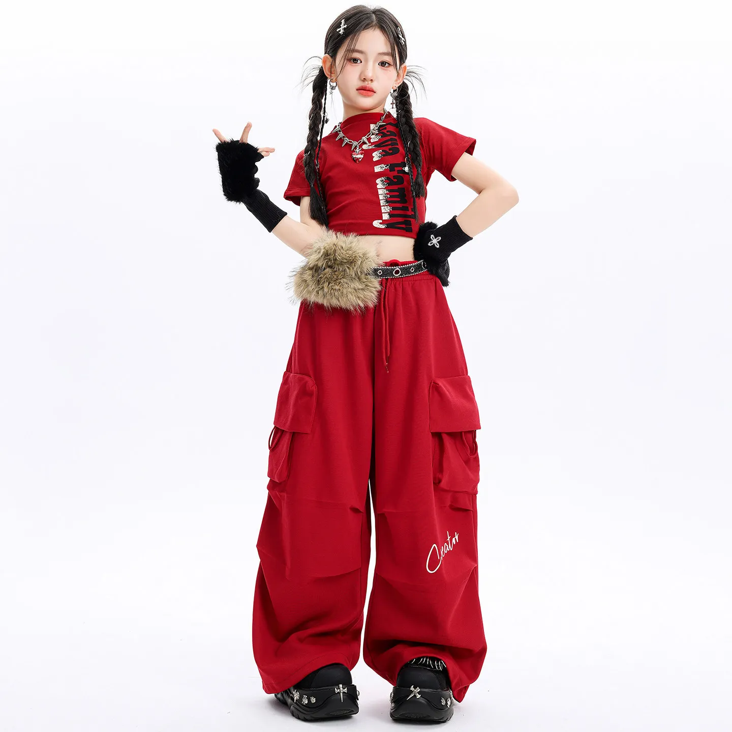 

Girl Kpop Hip Hop Clothing Red Mock Neck Crop T Shirt Wine Red Casual Steet Parachute Cargo Pants for Kid Dance Costume Clothes
