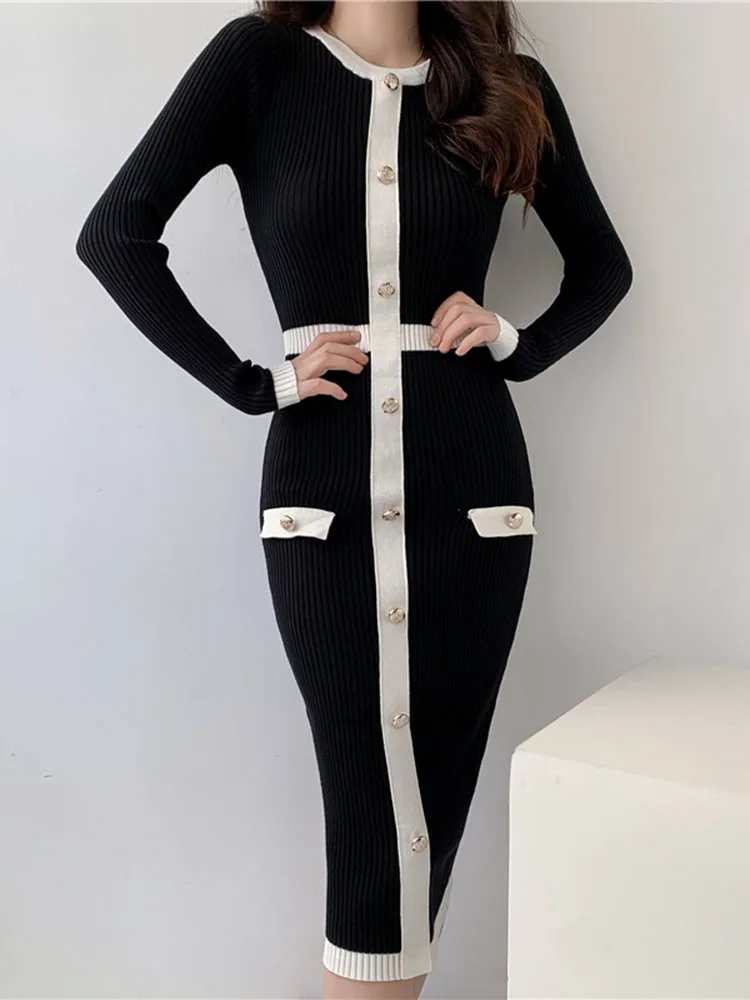 New 2024 Autumn Winter Sweater Dress Women Long Sleeve Slim Knitted Dresses Black Color Midi Dress Patchwork Color Elegant Dress