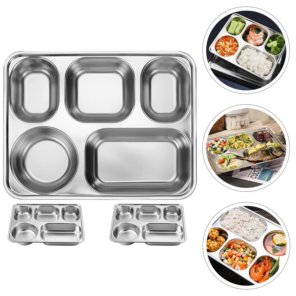 

3 Pcs Stainless Steel Compartment Plates Divided Trays for Adults Cafeteria Food Control Easy Clean Camping Picnic Home