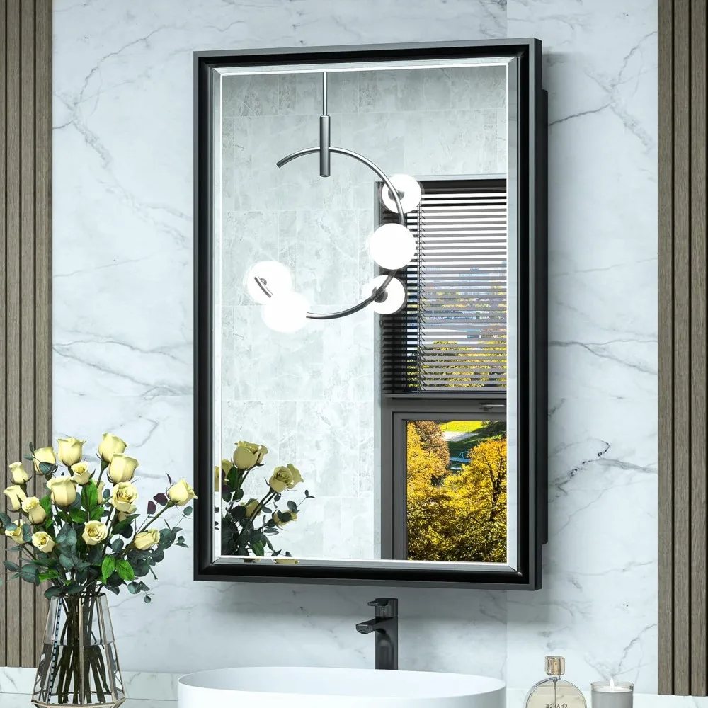 24 x 30 bathroom cabinet with mirror wall mounted, metal beveled mirror with bathroom vanity storage, moisture resistant