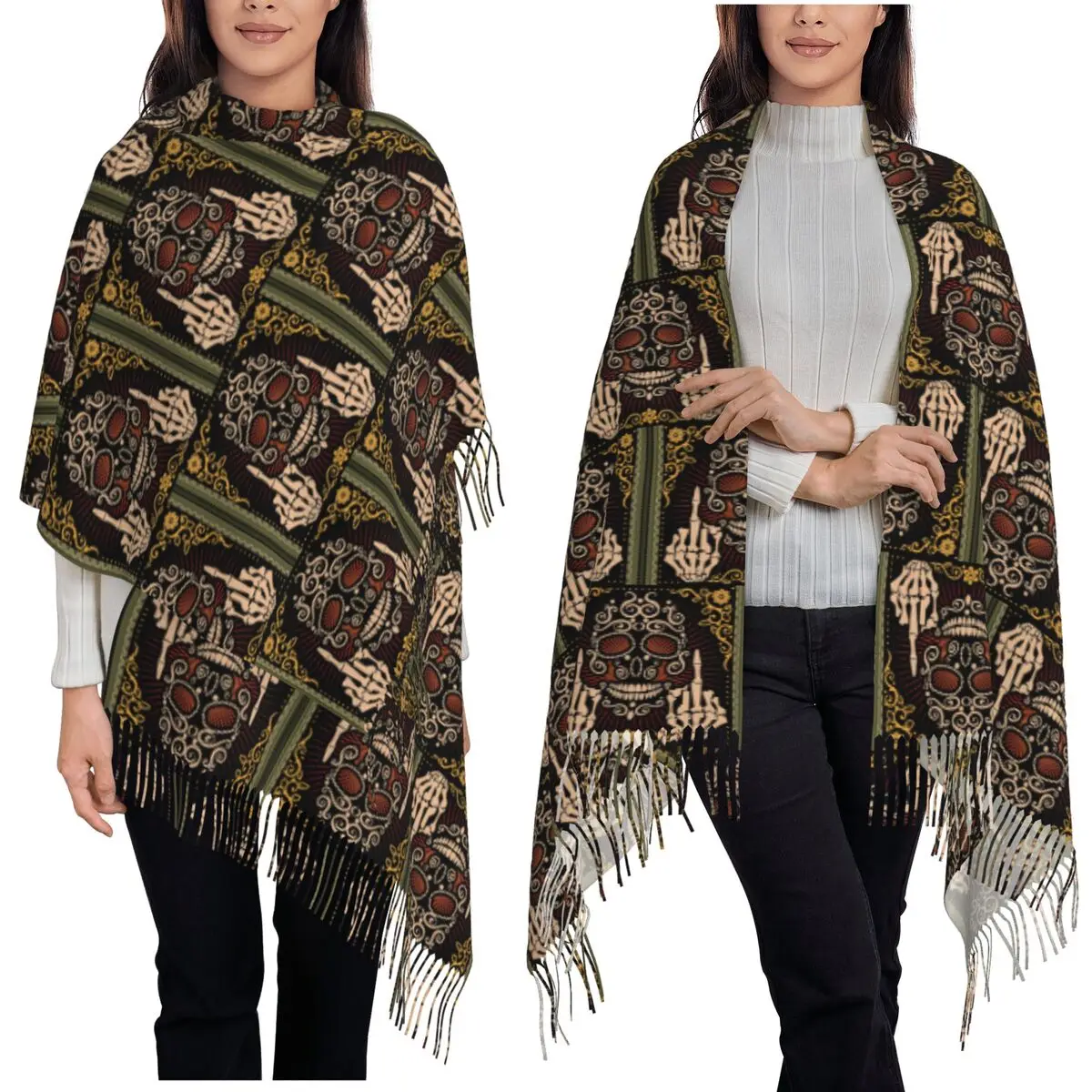 Sugar Skull Middle Skeleton Finger Mexican Filigree Day Of The Dead Scarf Tassel Scarves Women Shawls and Wraps Large Shawl Wrap