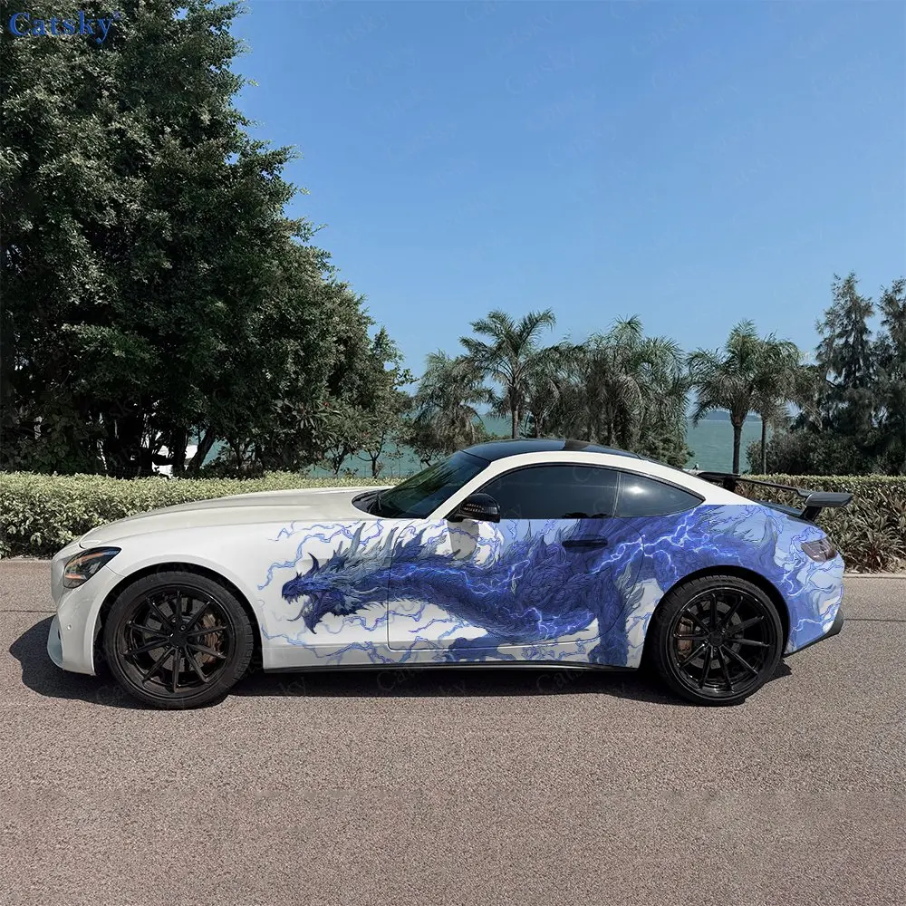 2pcs Blue Lightning Mist with Dragon Car Side Wrap, Self-Adhesive PVC Waterproof & Scratch-Resistant Sticker, Car Accessory Gift