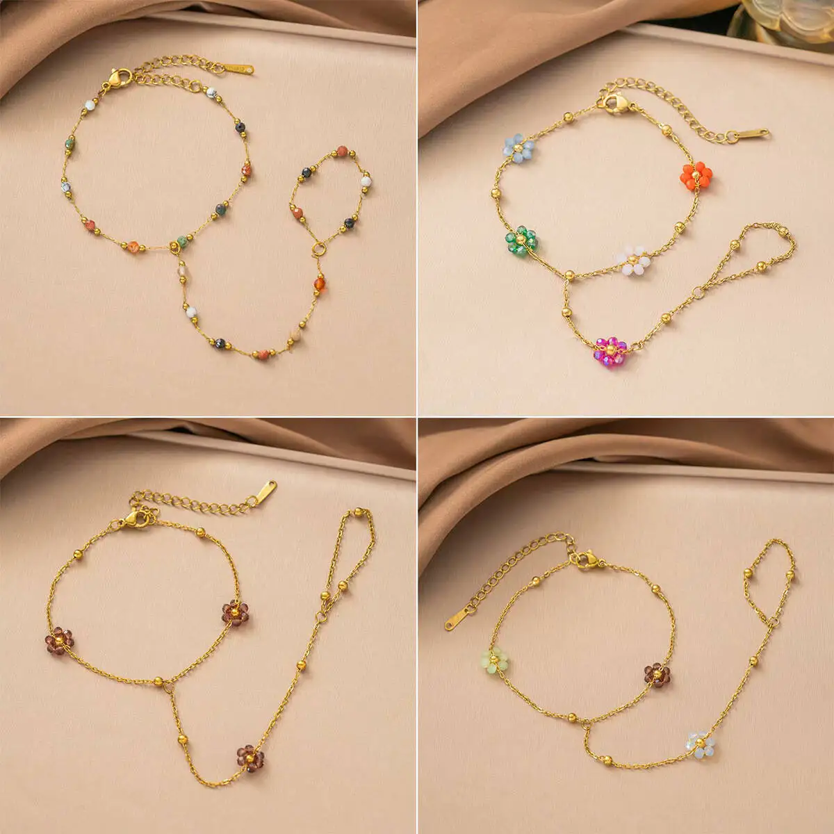 Women Bohemian Flower Finger Bracelet 2 In 1 Integrated Hand Chain Stainless Steel Gold Plated Waterproof Bracelet Jewelry Gift