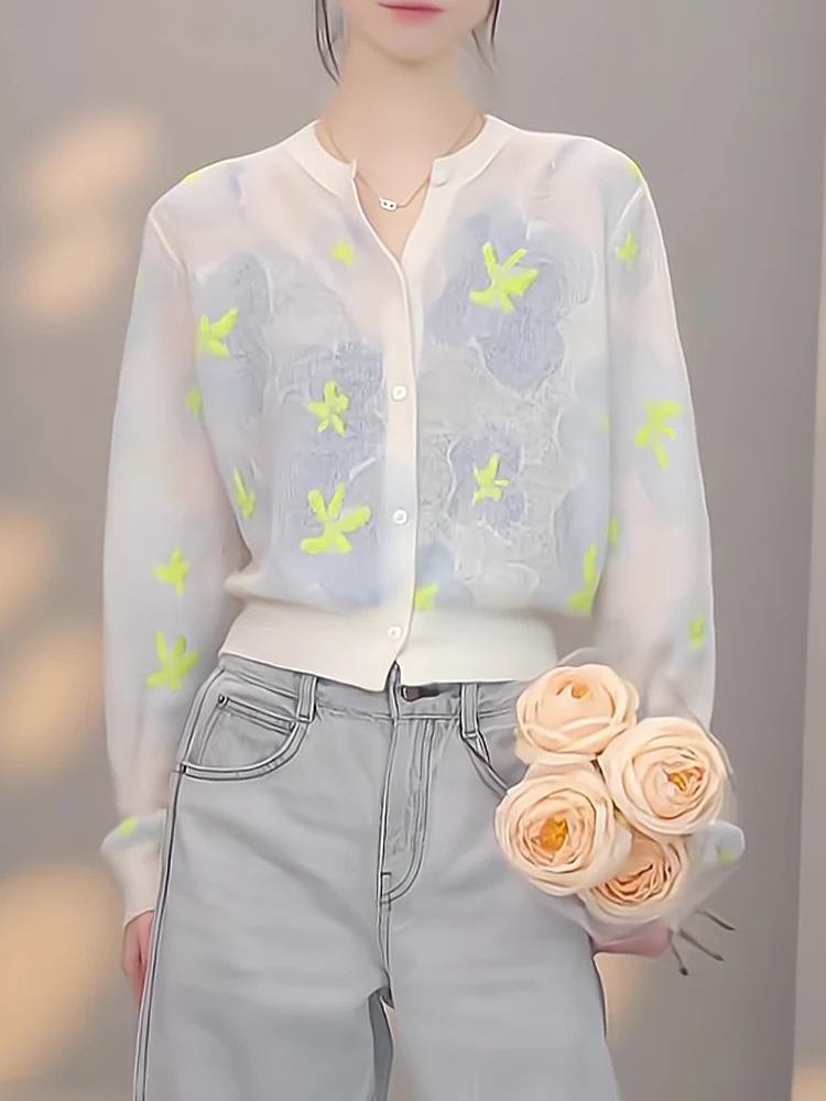 

Женский модный тонкий кардиган с цветочным принтом на одной пуговице, весна-осень, новинка, ретро, полупрозрачный, корейская версия