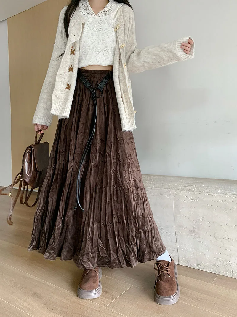 กระโปรงยาวทรงเอวสูง 3 สี ไซส์ SML สไตล์เกาหลี จีบพลีท แฟชั่นผู้หญิง ฤดูใบไม้ผลิ ฤดูใบไม้ร่วง 2026 สตรีทแวร์ ทันสมัย