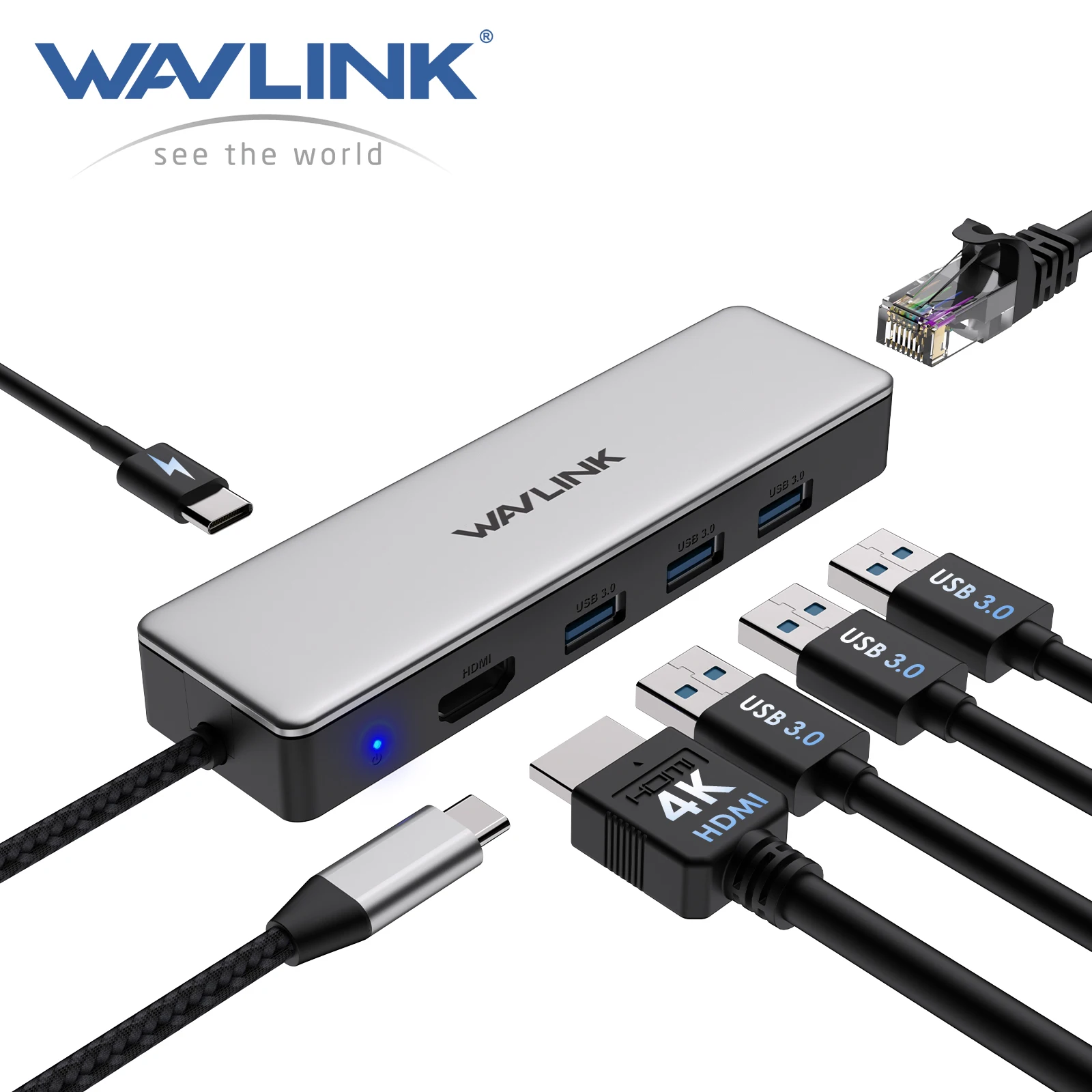 WAVLINK USB C Hub 6-in-1 Adapter for MacBook Pro/Air/Thunderbolt 3/Type C With 4K@30Hz Gigabit Ethern 100W Power Delivery