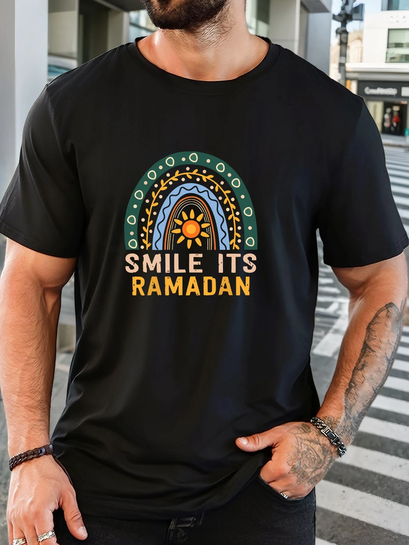 

Men's Cotton Printed T-Shirt SMILE ITS RAMADAN Pattern Summer Casual Oversized Round Neck Short Sleeve Comfortable Daily Tee