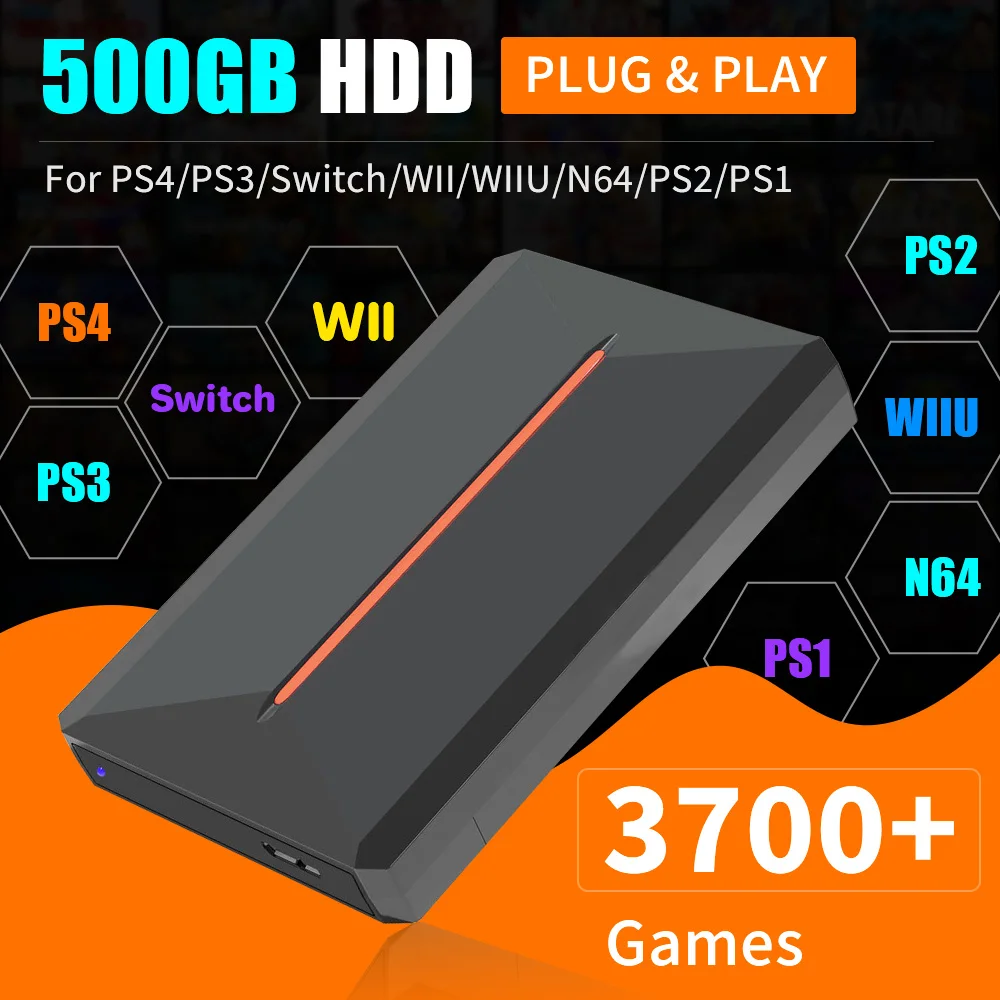 Launchbox 500GB Emulation Hard Drive Built-in 3700 3D Games 2.5‘’ Gaming HDD For PS4/PS3/Switch/WII/WIIU/N64/PS2/PS1 For Windows