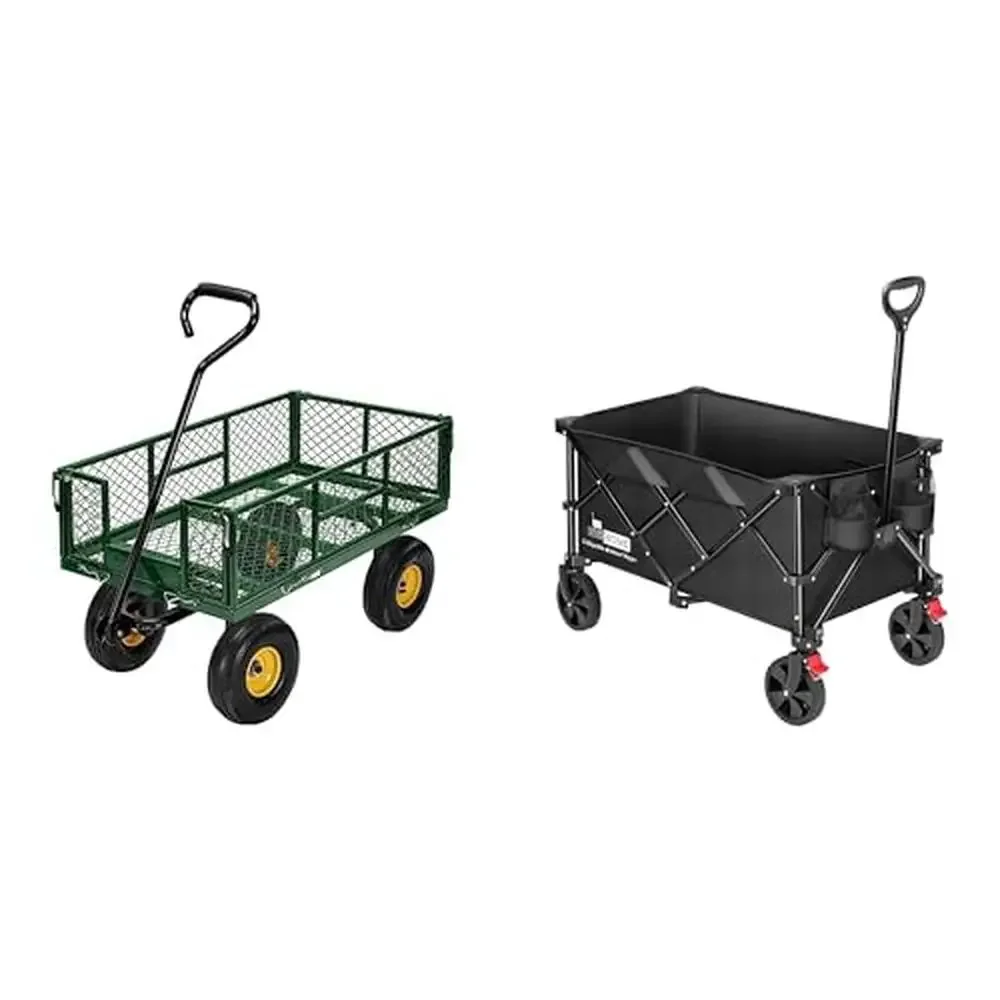 

880 lbs Capacity Folding Mesh Steel Garden Cart Utility Wagon Removable Sides Wheels Green Upgraded Heavy Duty Large Loading