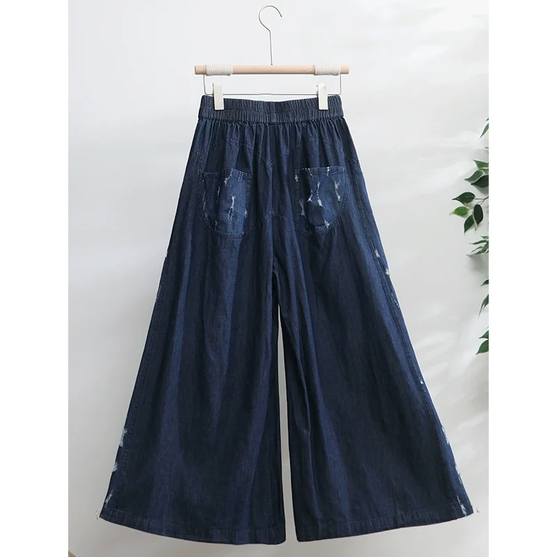 TIYIHAILEY Free Shipping Wide Leg Long Pants For Women Trousers Denim Jeans Elastic Waist Casual Pants With Pockets With Holes