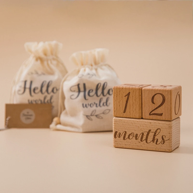 6pcs/set Wooden Baby Milestone Cards Blocks Newborn Birth Month Birthday Souvenir Photo Props Beech Square Decoration Baby Gift