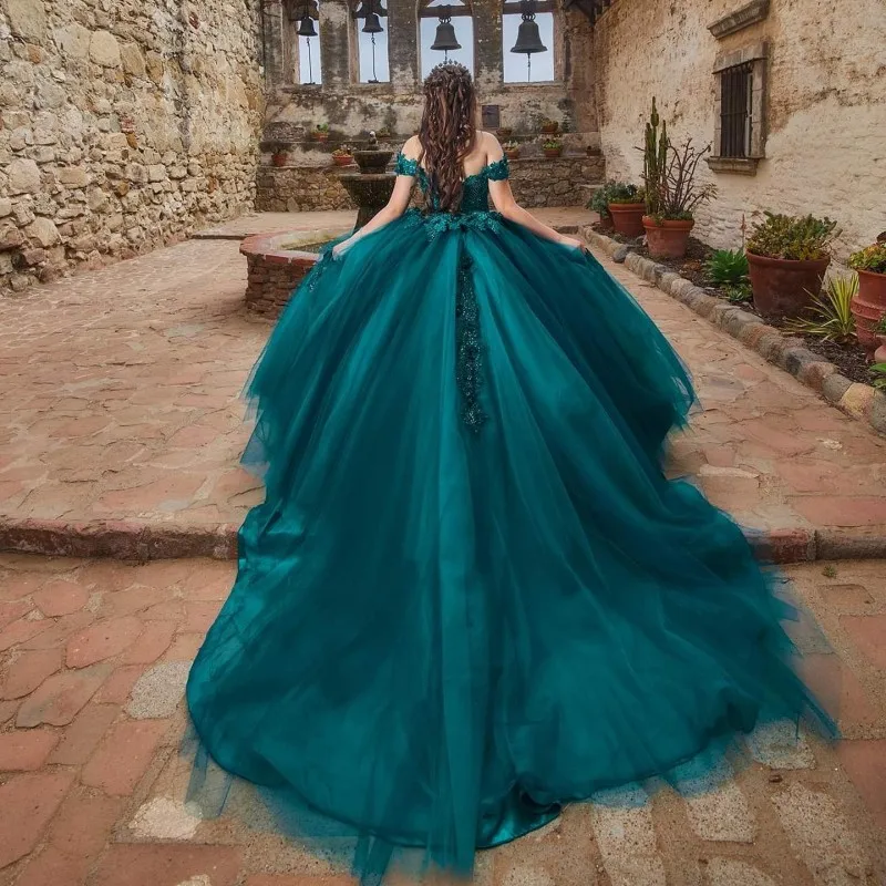 Angelsbridep-vestido De baile verde esmeralda para Quinceañera, traje De tul con Apliques De encaje y cuentas, 15 años