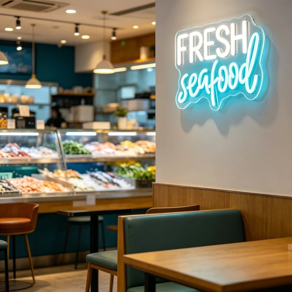 Fresh Seafood Neon Sign LED Light for Home Kitchen Decor USB Rechargeable Night Light Wall Art Signage for Restaurant Cafe Bar