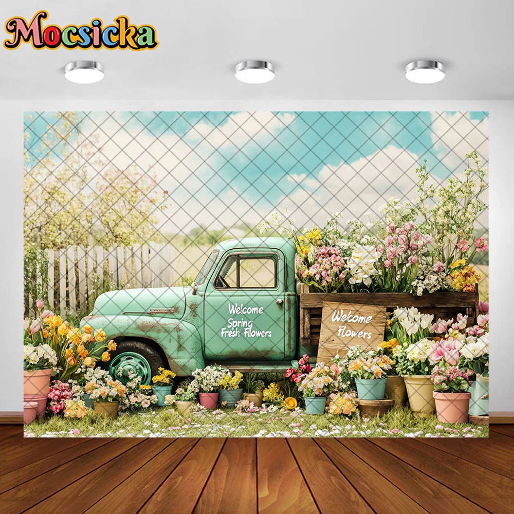 Mocsicka การถ่ายภาพพื้นหลังฤดูใบไม้ผลิดอกไม้รถบรรทุกรถตกแต่งฉากหลังเด็กผู้ใหญ่วันหยุดภาพสตูดิโอ Props