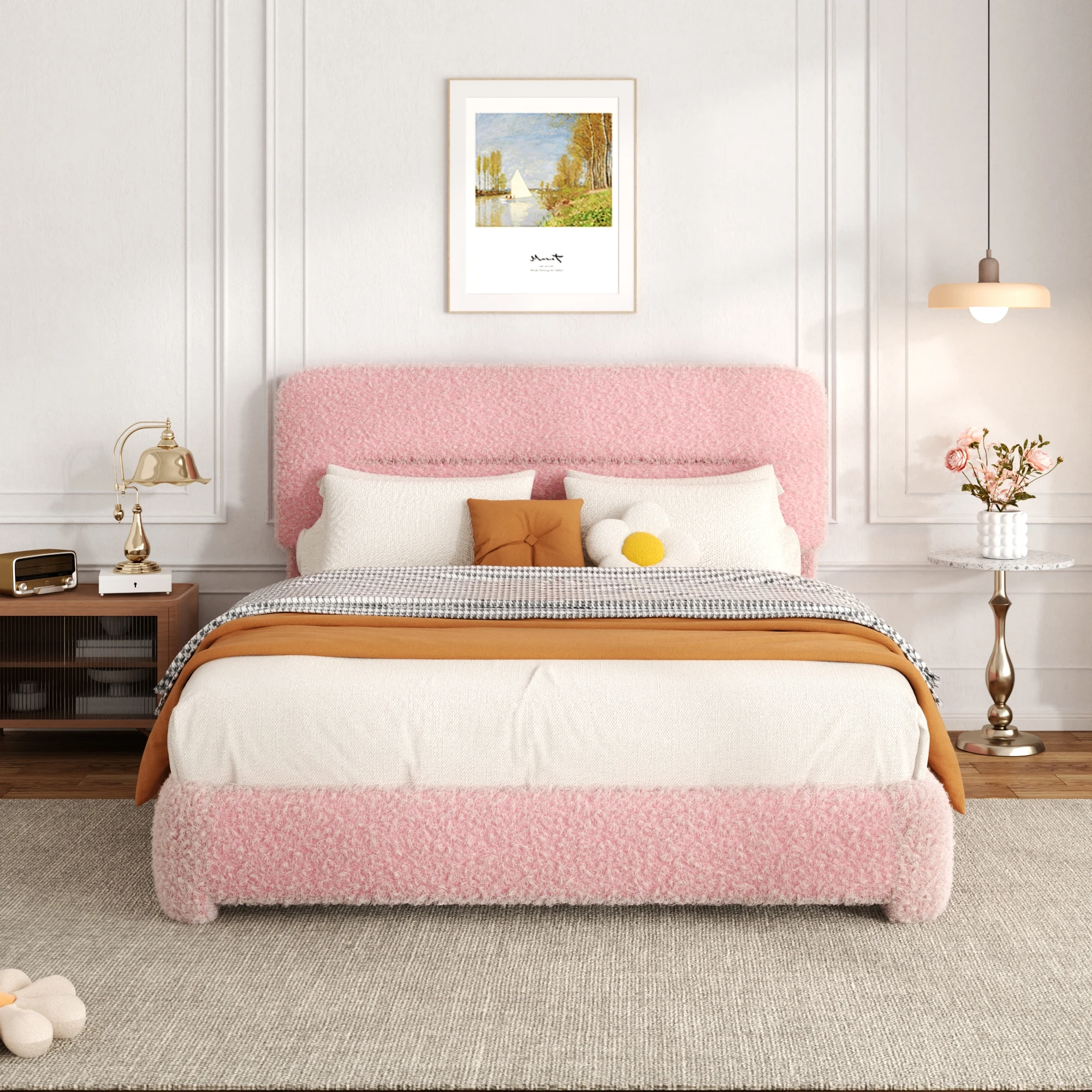 Full Size Cloud Bed Frame, Boucle Bed with Adjustable Headboard, Soft Rounded Corner Guards, Silent Design, Easy to Assemble, Pink