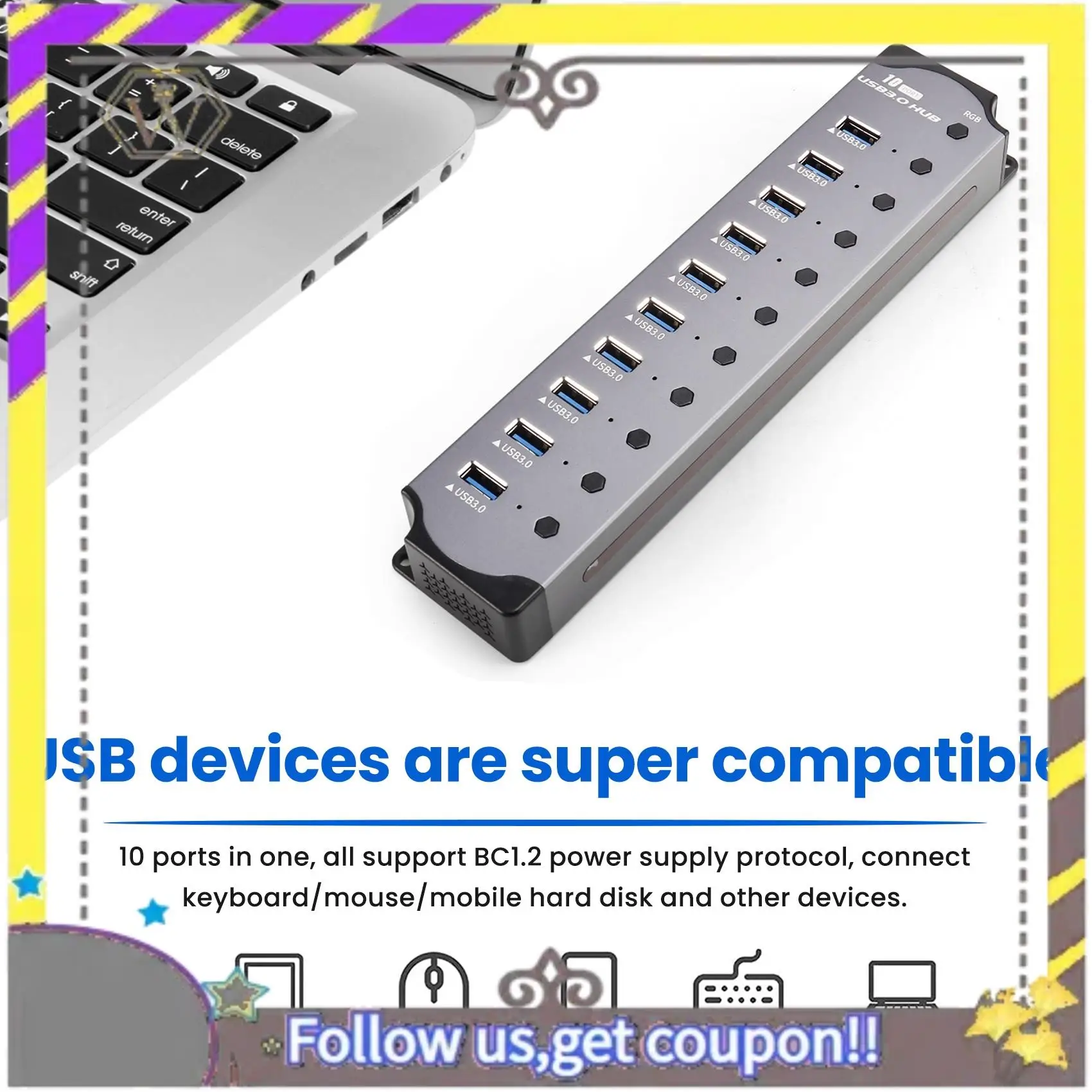 AU33-10 In 1 Powered USB HUB 10 Ports USB Adapter USB Splitter USB 3.0 Interface Individual Switch RGB E-Marker Heat Design