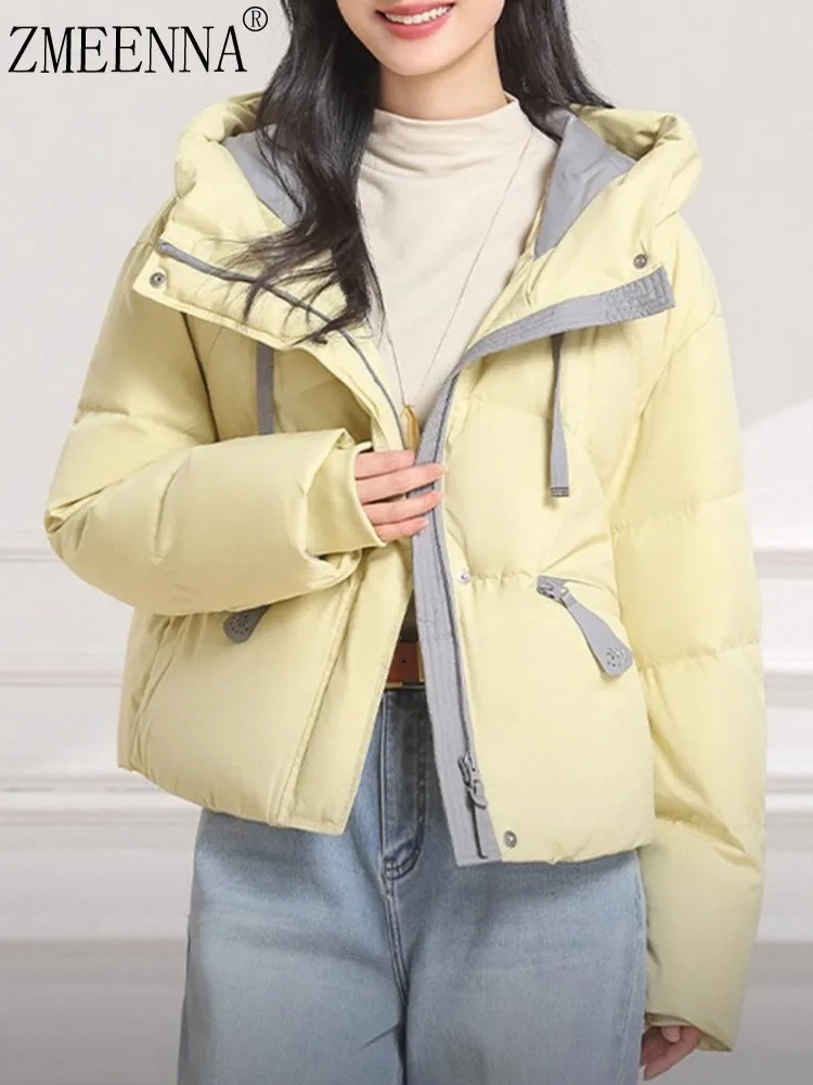 

ZMEENNA женская желтая короткая куртка-пуховик с капюшоном свободного покроя зимнее теплое пуховое пальто верхняя одежда на молнии повседневная мода ZM4581