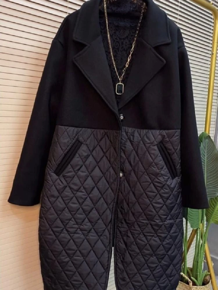 

Korean Sle plus Size Winter Jaet Thiened Mid-Length Splicing Simple Meat Concealing Fat People's Outerwear Cotton Coat