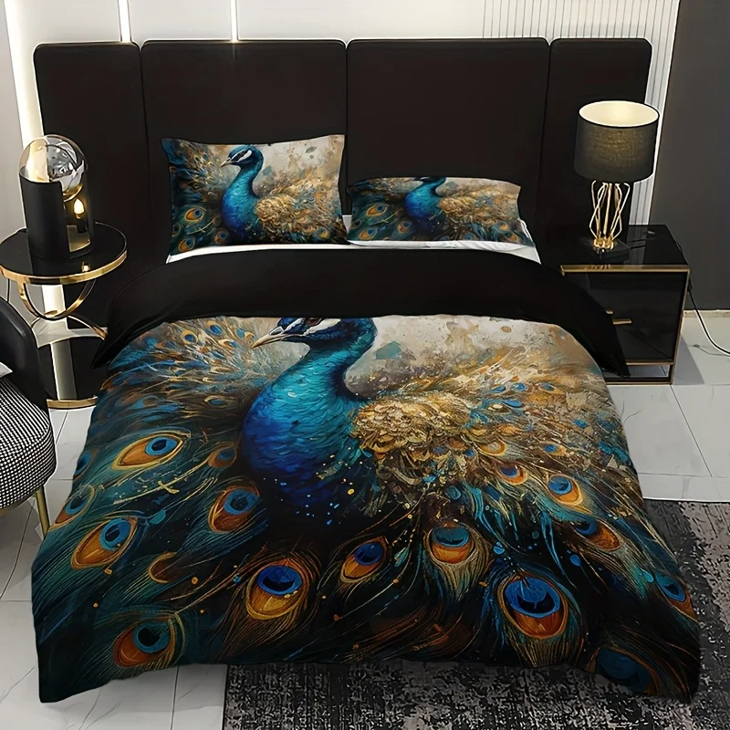 

3pcs Duvet Cover Set, 1 Duvet Cover + 2 Pillowcases (No Inserts), Home & Dormitory High-Definition Printed Golden Peacock Floral