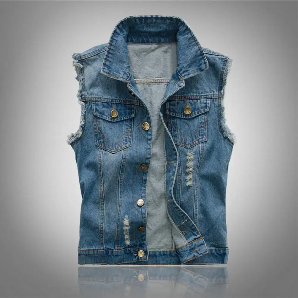 Solid Color Men Vest Jacket Hop Streetwear Denim Vest Coat for Men with Ripped Sleeves Single-breasted Pockets Plus for Summer