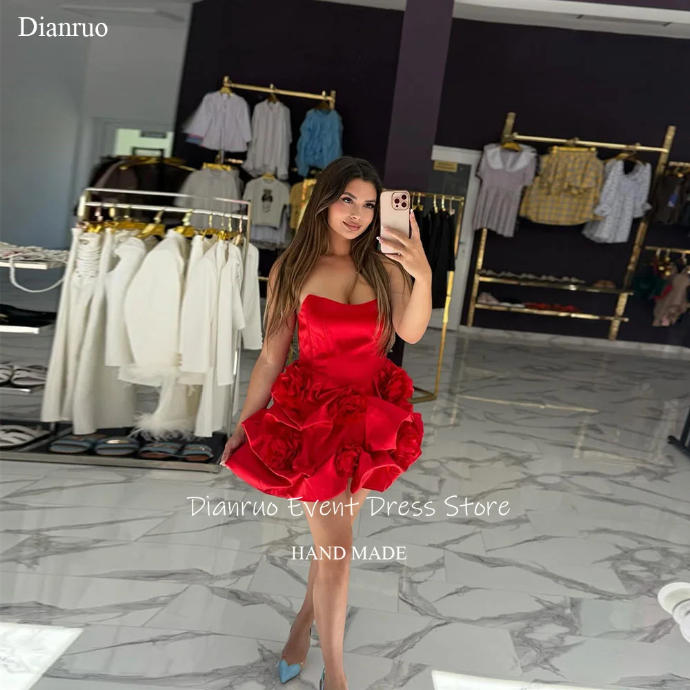 

Dianruo Vibrant Red Prom Dress Above Knee Pleated Strapless Quinceanera Dress 3D Flowers Ruffles Satin Birthday Dress Customized