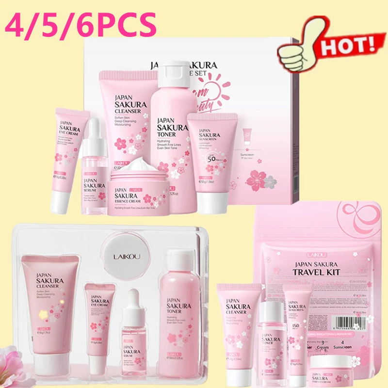 4/5/6 unids/set Sakura cuidado de la piel crema Facial suero tóner limpiador Facial protector solar crema para ojos caja de regalo producto para el cuidado de la piel Facial