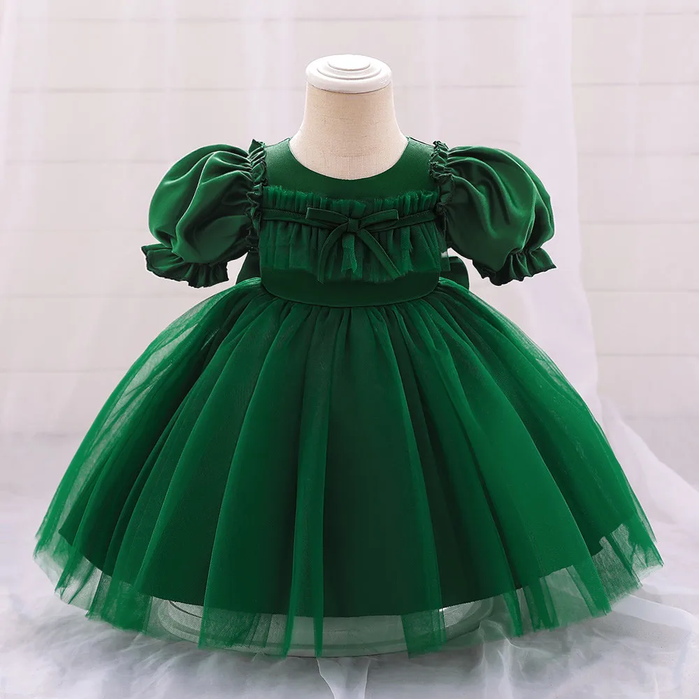 

Infant 1st Birthday Party Dress Baby Girls Tulle Bow Wedding Bridesmaid For Kids Toddler Bubble Sleeve Ball Gown Evening Clothes