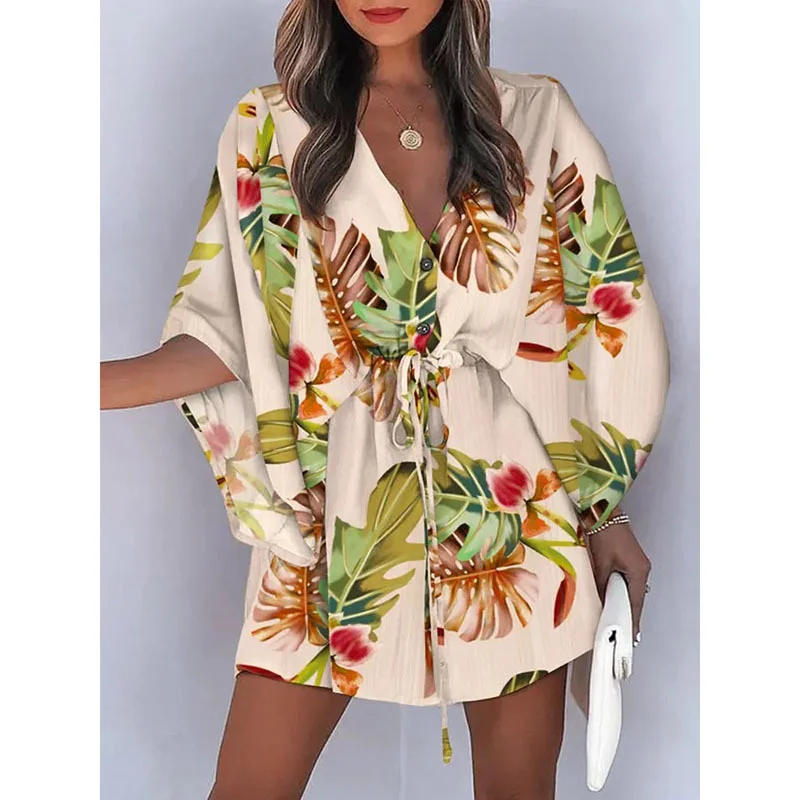 Women\'s Summer Casual Dress Set Fashion Printed V-neck Lace Up Bat Sleeve Dress Female Elegant Loose Beach Holiday Party Dresses