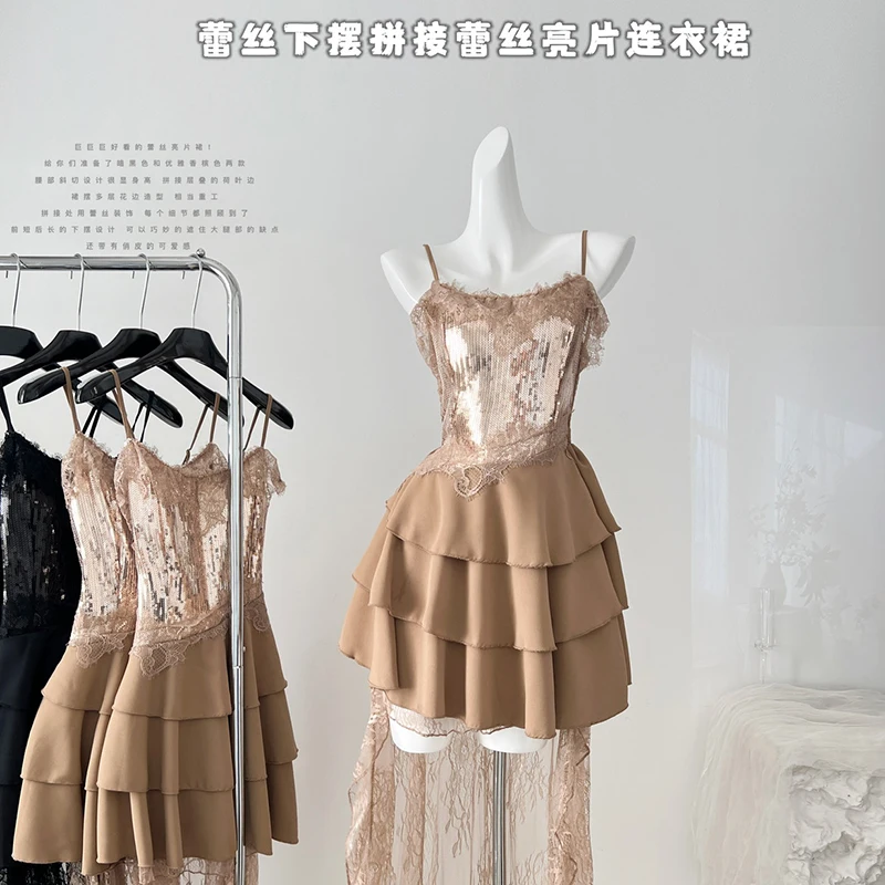 

Chic Design Sequins Lace Stitching Banquet Evening Dress 2024 Summer New Fashionable Temperament Party Sling Dresses