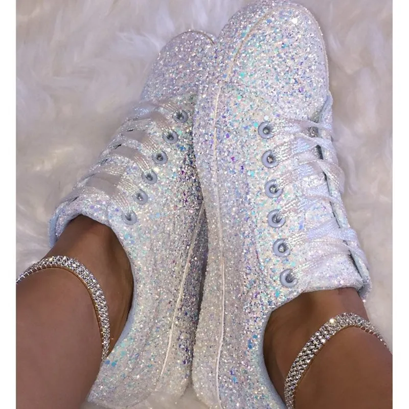 2022 Women Lace Up Sneakers Glitter Autumn Flat Vulcanized Ladies Bling Casual Female Fashion Platform Fashion Flat Shoes New