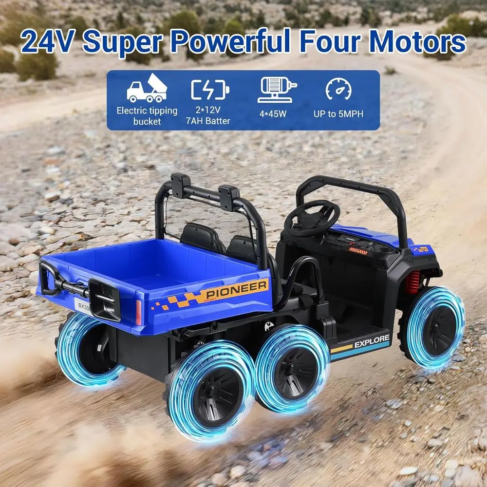 24V 2 Seater 6 Wheel Dump Truck Ride on Car for Big Kids 3-8 with Remote, Max 7MPH, 4WD Kids Electric Car Toy w/Electric ,Blue