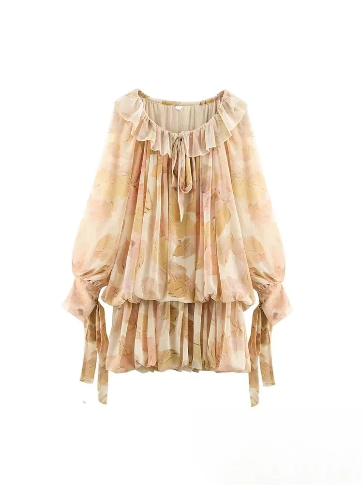 KONDALA Vintage vacances fleur imprimé femmes robe à manches longues col en V à volants Mini robe mode 2025 printemps été élégant Vestido